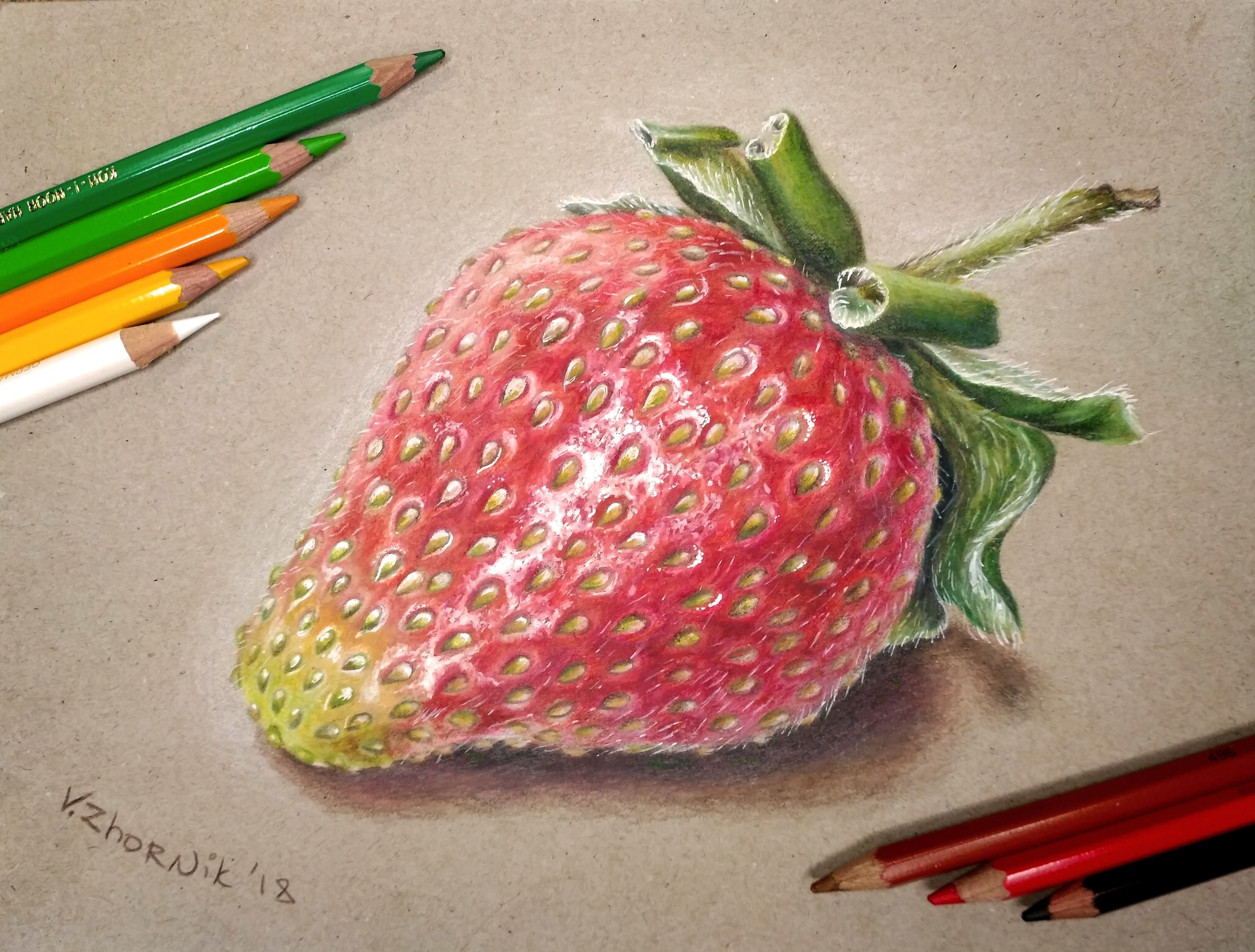 Рисуем клубнику цветными карандашами