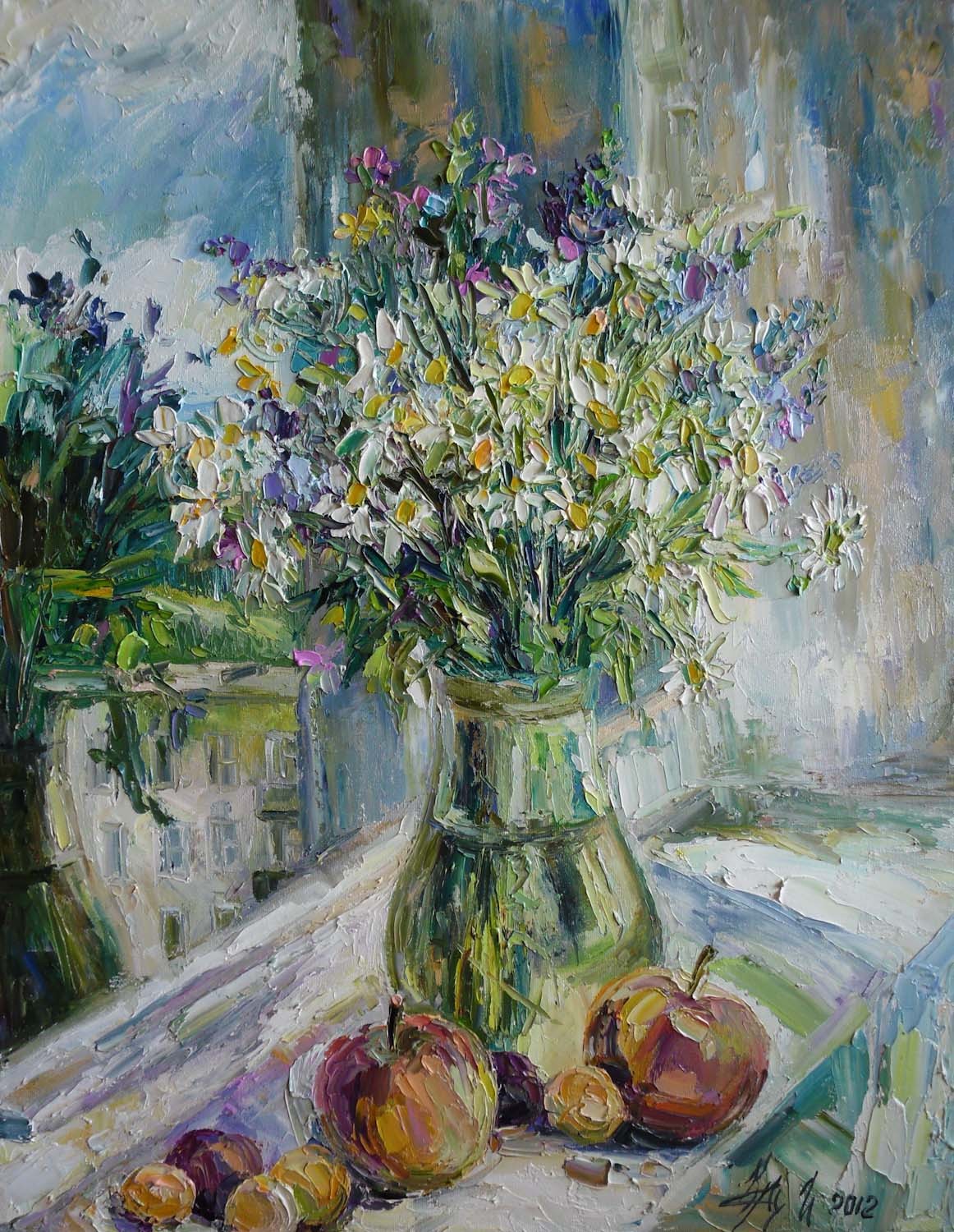Картины (живопись) : ромашки на балконе. автор ирина алексан.