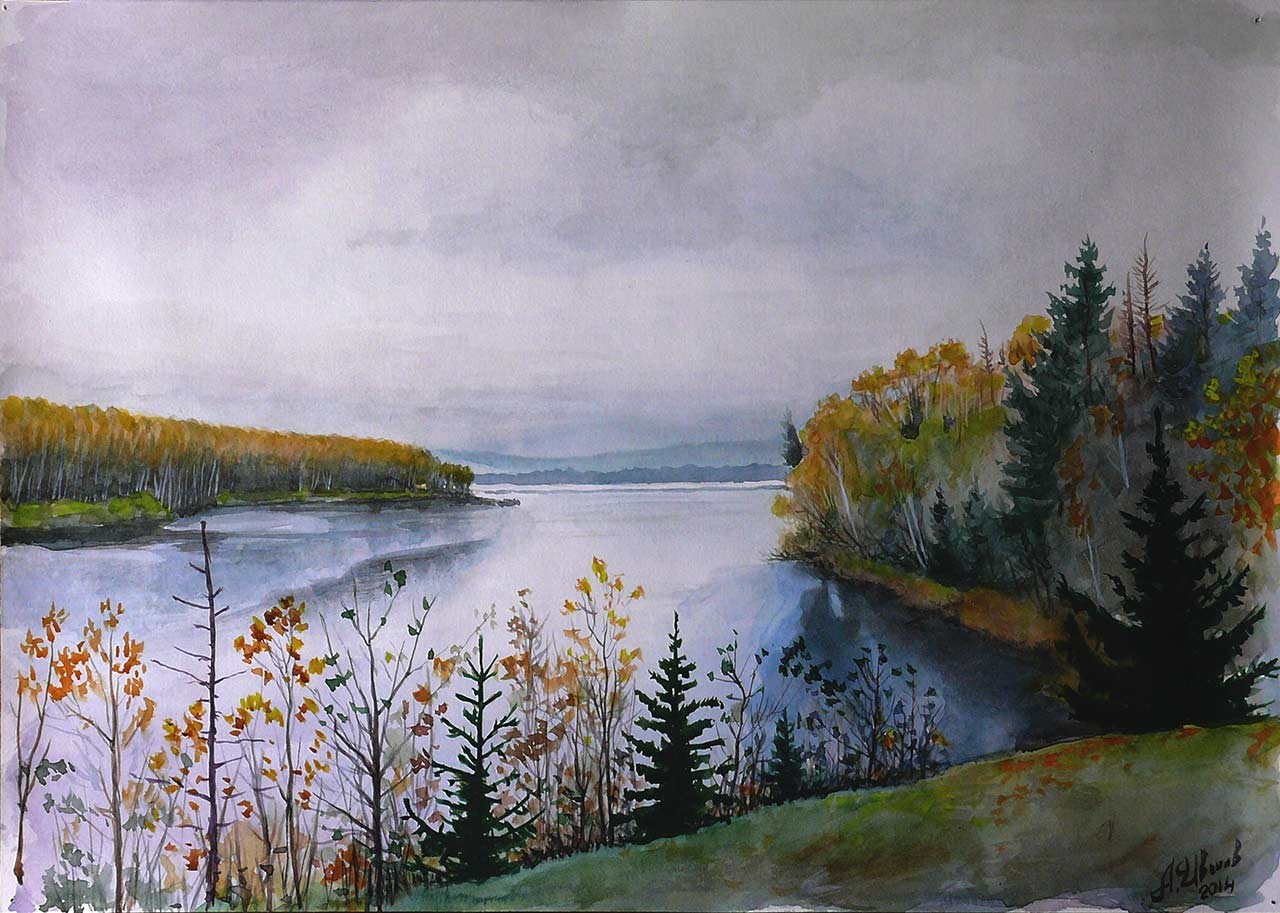 Река акварелью осенью